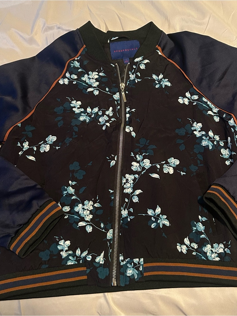 Aeropostale Black Bomber Jacket with Blue Floral Print